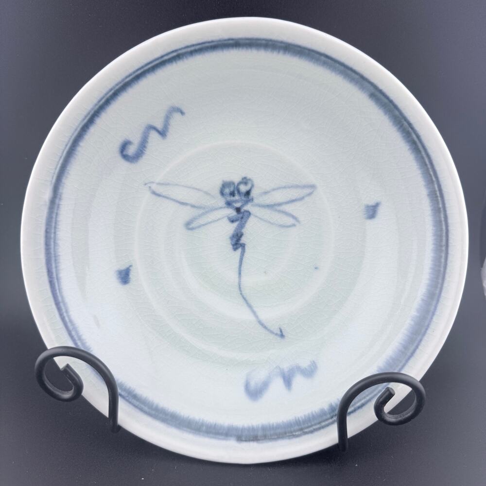 Set of 2 Porcelain Plates – Blue & White Dragonfly Design, Crackle Glaze